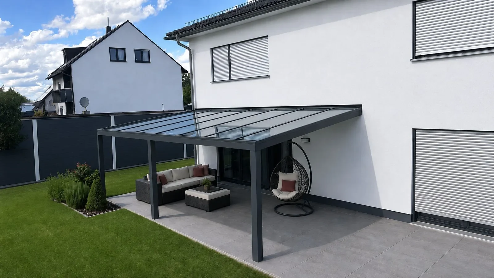 Anthrazitfarbenes Terrassendach an einem weißen Wohnhaus mit Sitzgruppe und Hängesessel