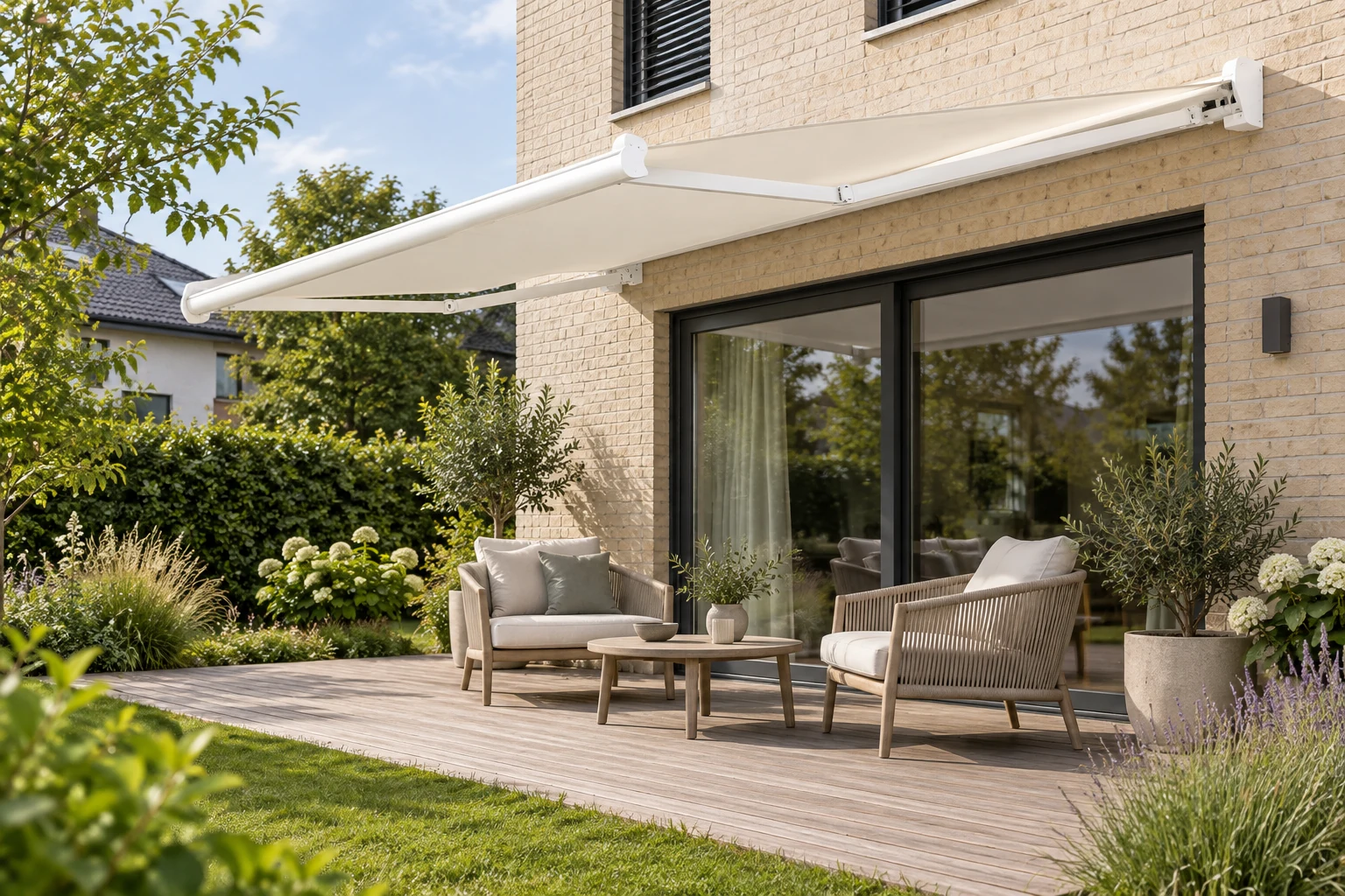 Planungsbeispiel: helle Gelenkarmmarkise über einer Terrasse mit Sitzgruppe