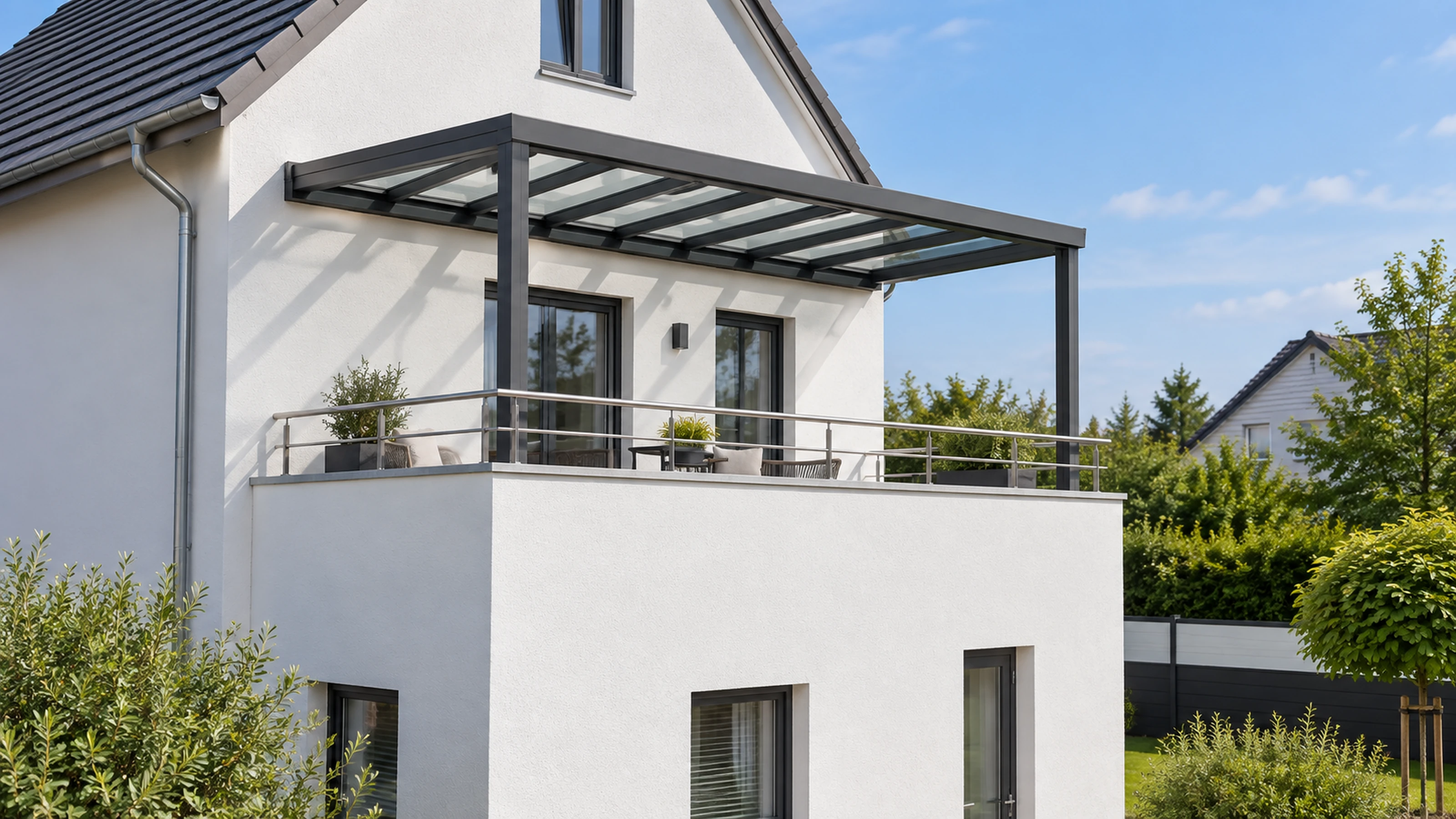 Planungsbeispiel: Überdachter Balkon mit anthrazitfarbenen Profilen und Metallgeländer